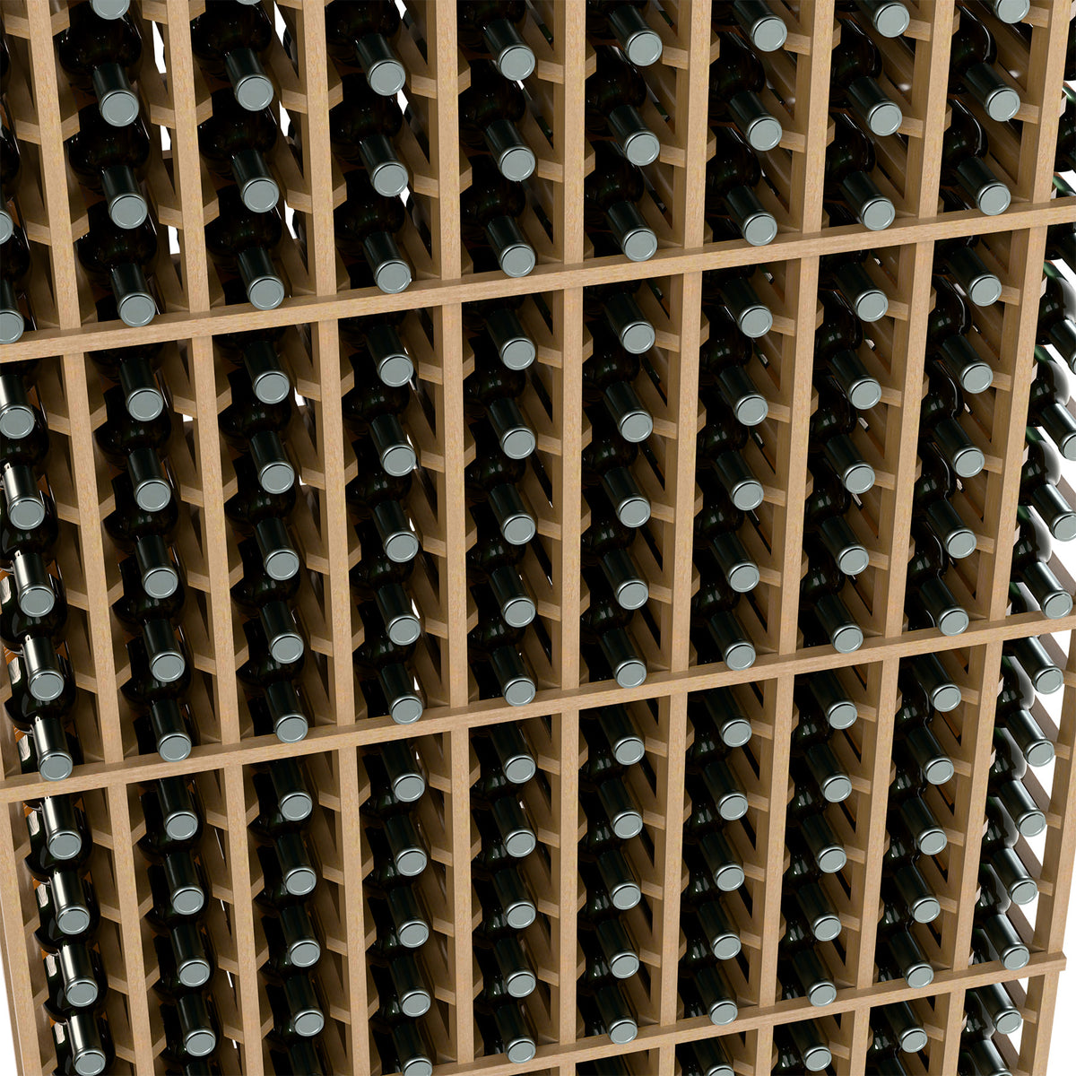 Close-up of wood wine rack cells with upright dark bottles and gray caps