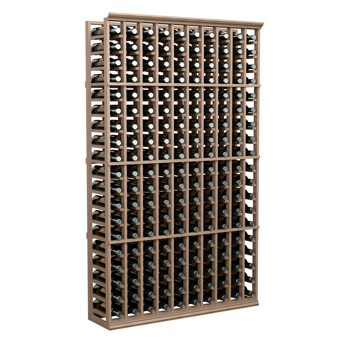Wood wine bottle storage rack with multiple bottle slots and side supports