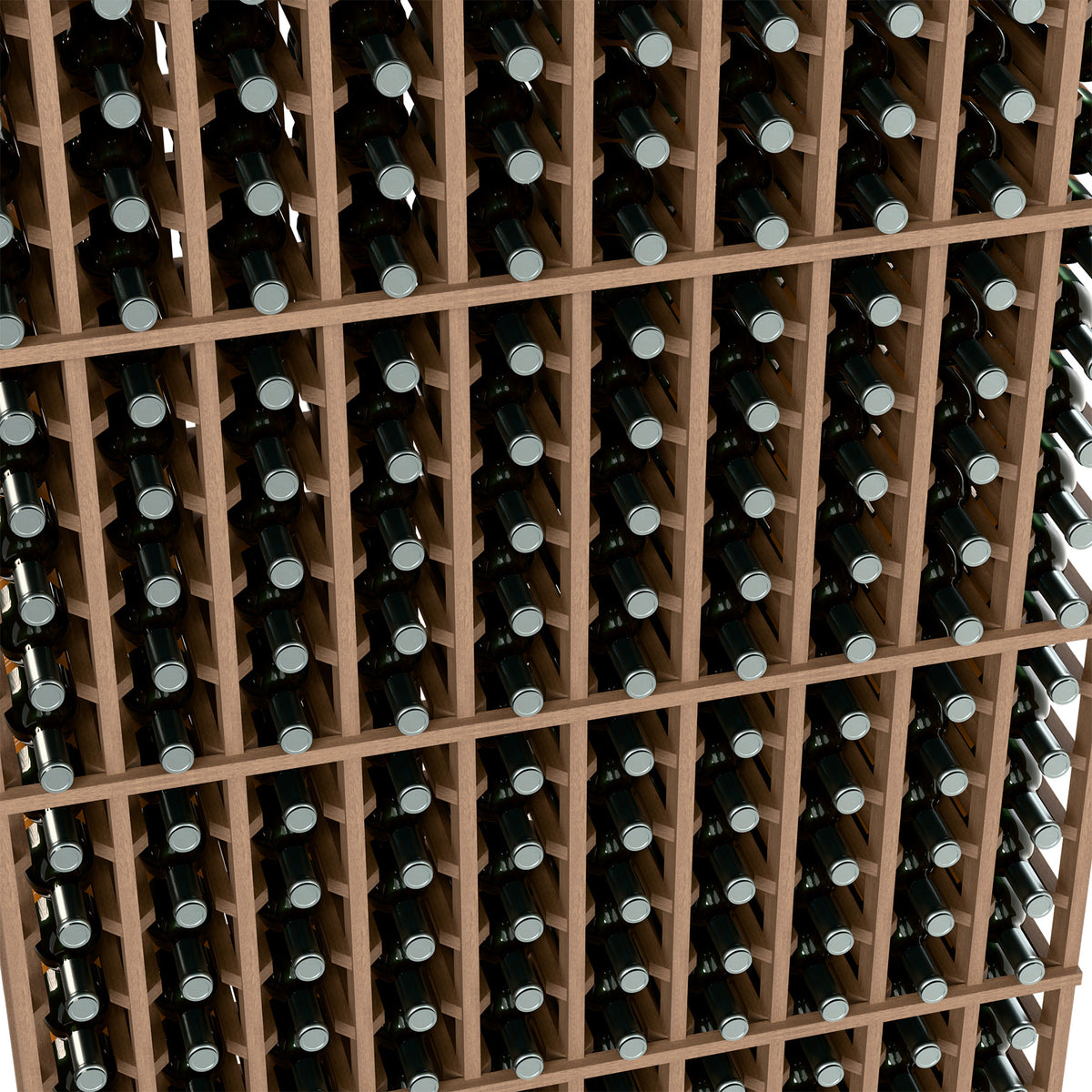 Tight view of bottle slots in a wood wine rack with dark bottles
