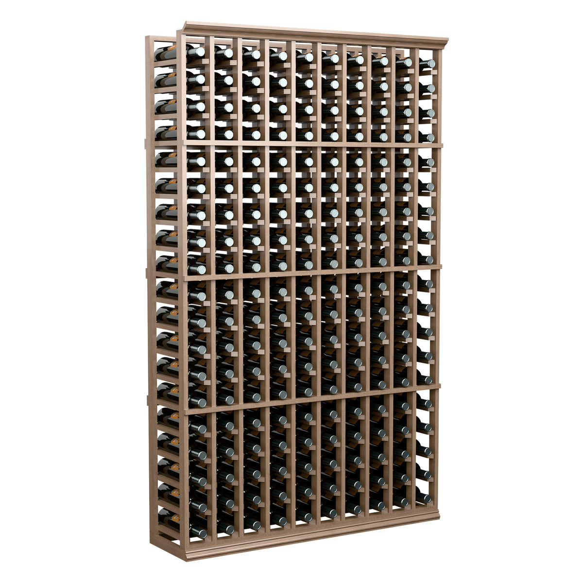 Wine bottle rack with 10 columns and wooden frame holding bottles