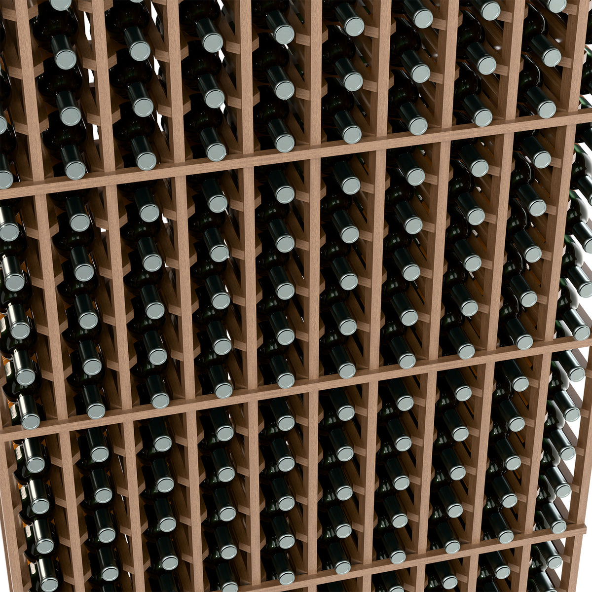 Close-up view of wood wine rack compartments filled with dark bottles