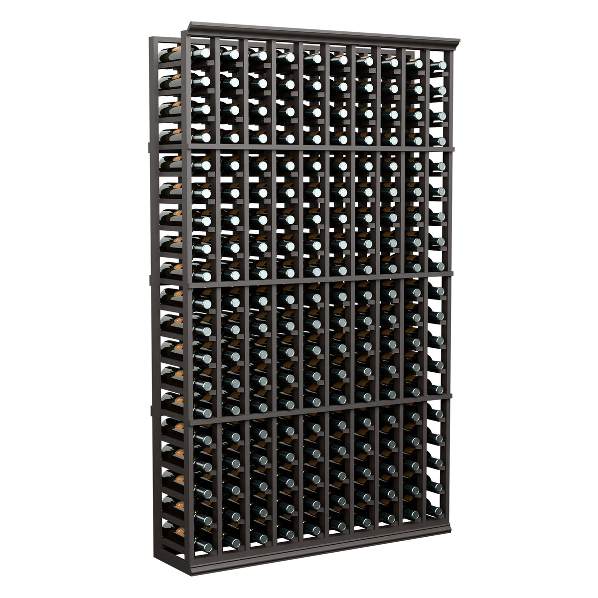 Black wine bottle rack with 10 columns, rows, and upright bottles in slots