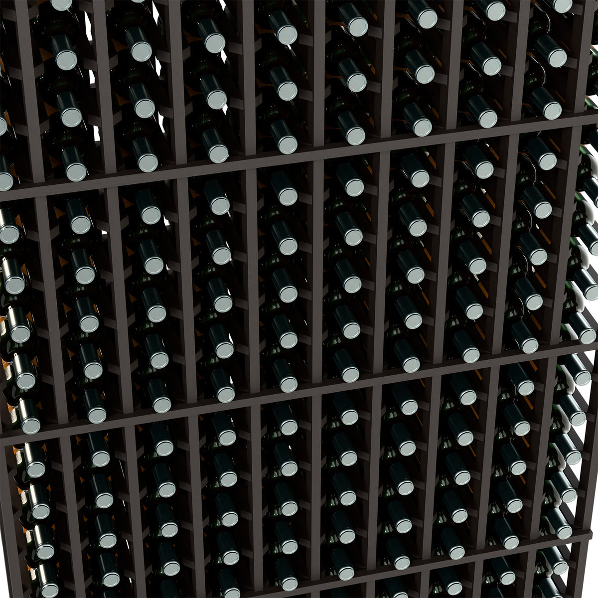 Close-up of black wine rack compartments with upright dark bottles and caps