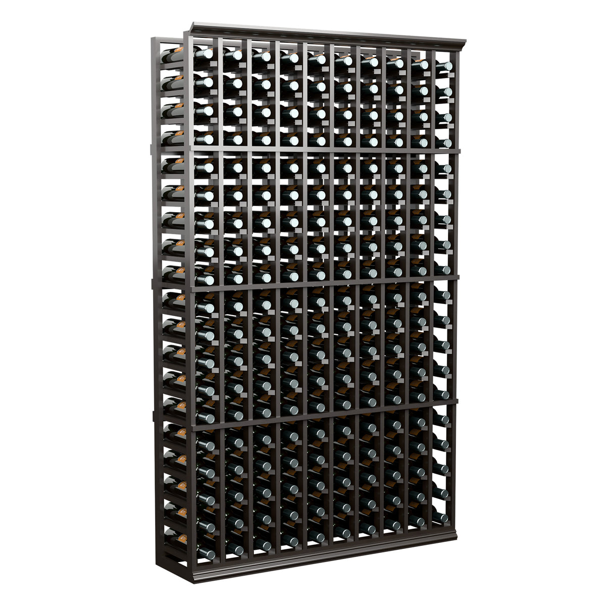 Black wine bottle storage rack with multiple rows of bottle slots