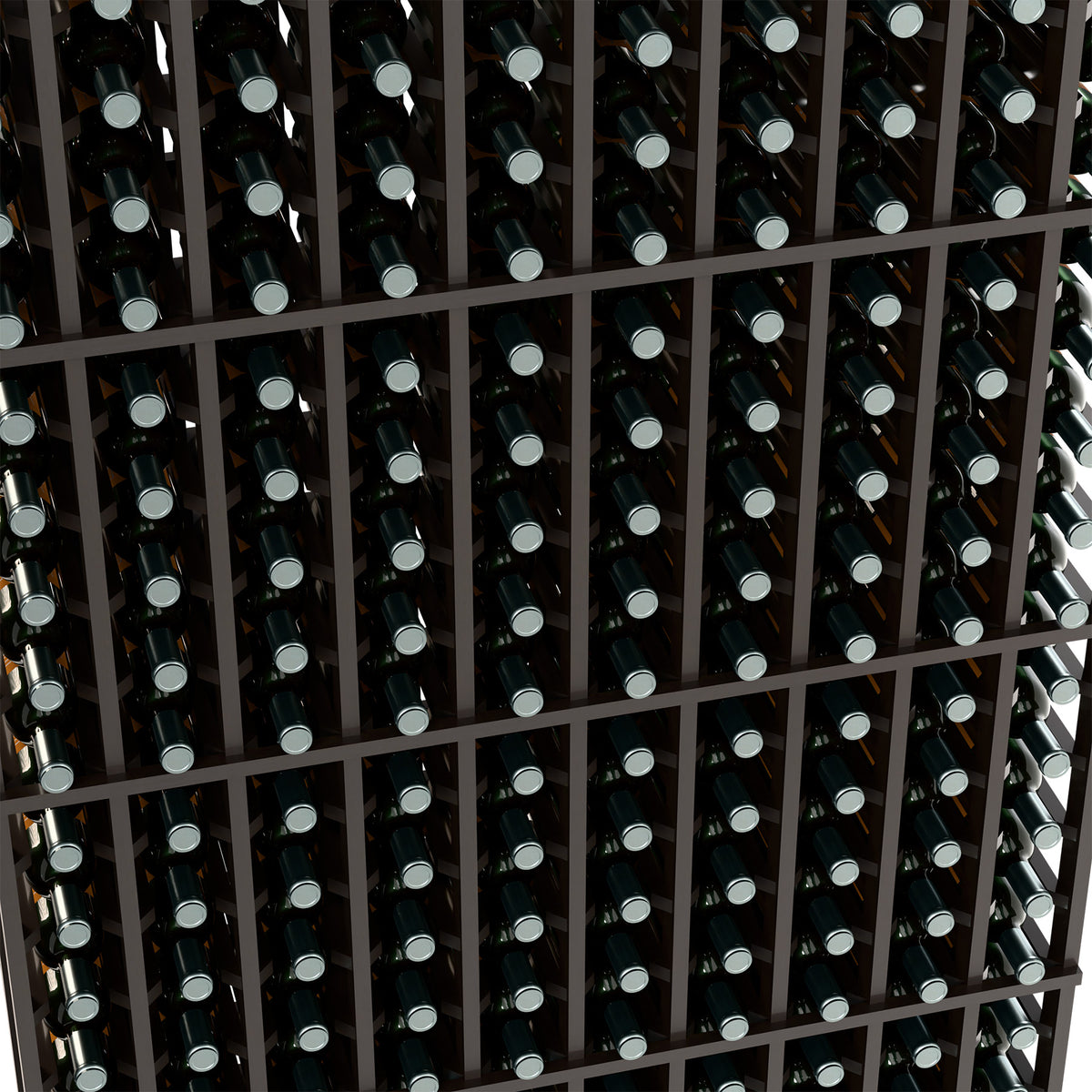 Tight view of bottle slots in a black wine rack filled with dark bottles