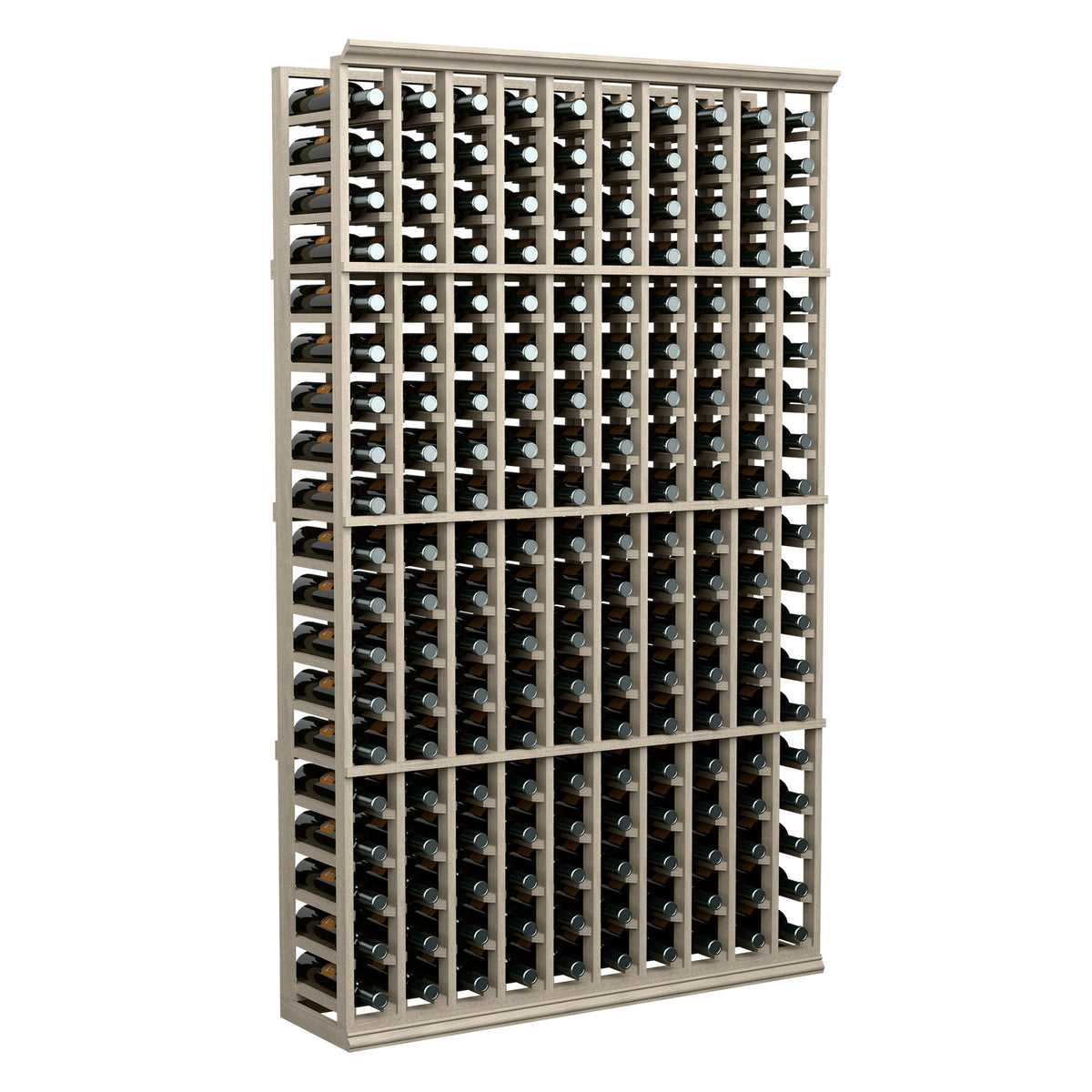 Dark wood wine bottle rack with bottles in grid of 10 columns