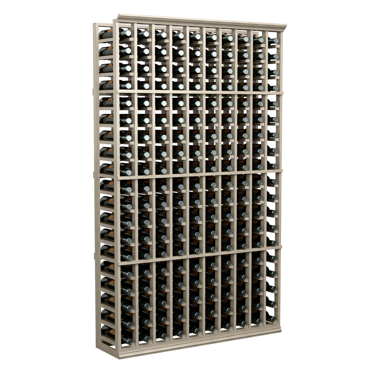 Dark wood wine bottle rack with bottles arranged in 10-column grid