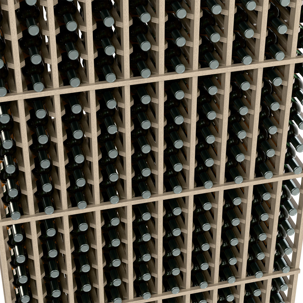 Dark wood wine bottle rack grid with bottles in vertical rows, 10 columns