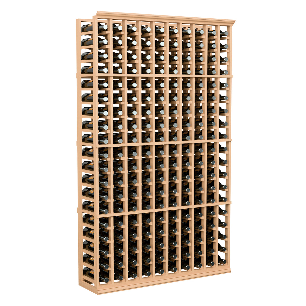 Light wood wine bottle rack with bottles in 10 columns and vertical slots