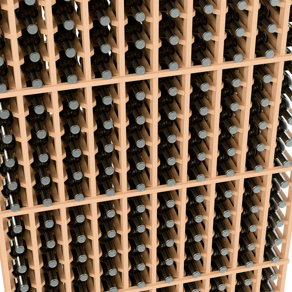 Light wood wine bottle rack with bottles in vertical compartments, 10 columns