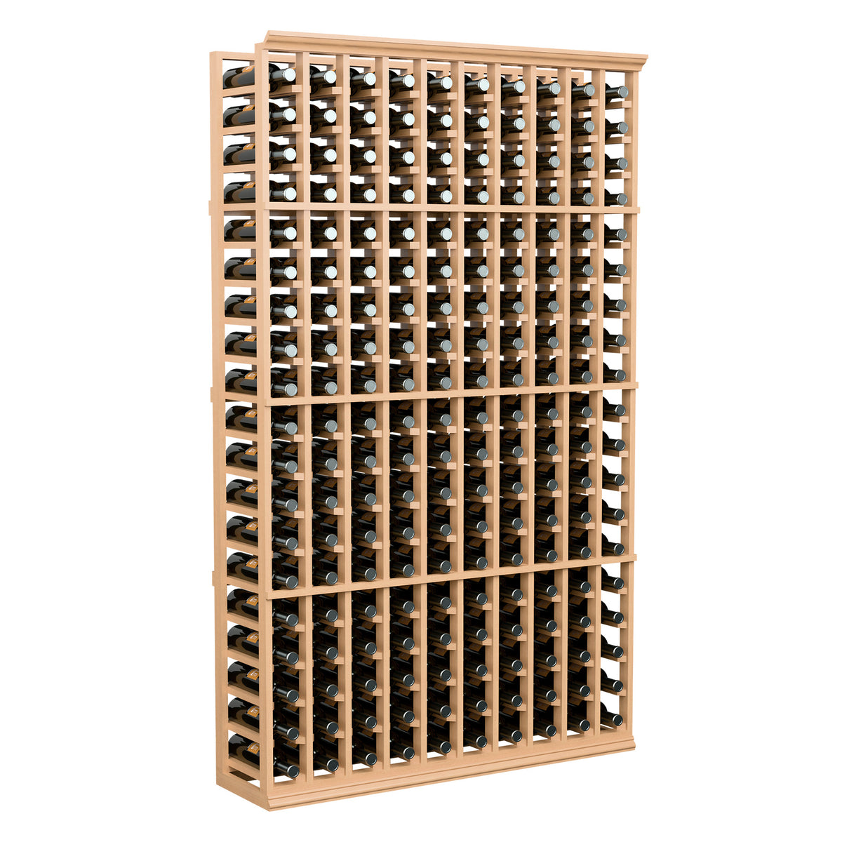 Light wood wine bottle rack with bottles arranged in 10-column grid