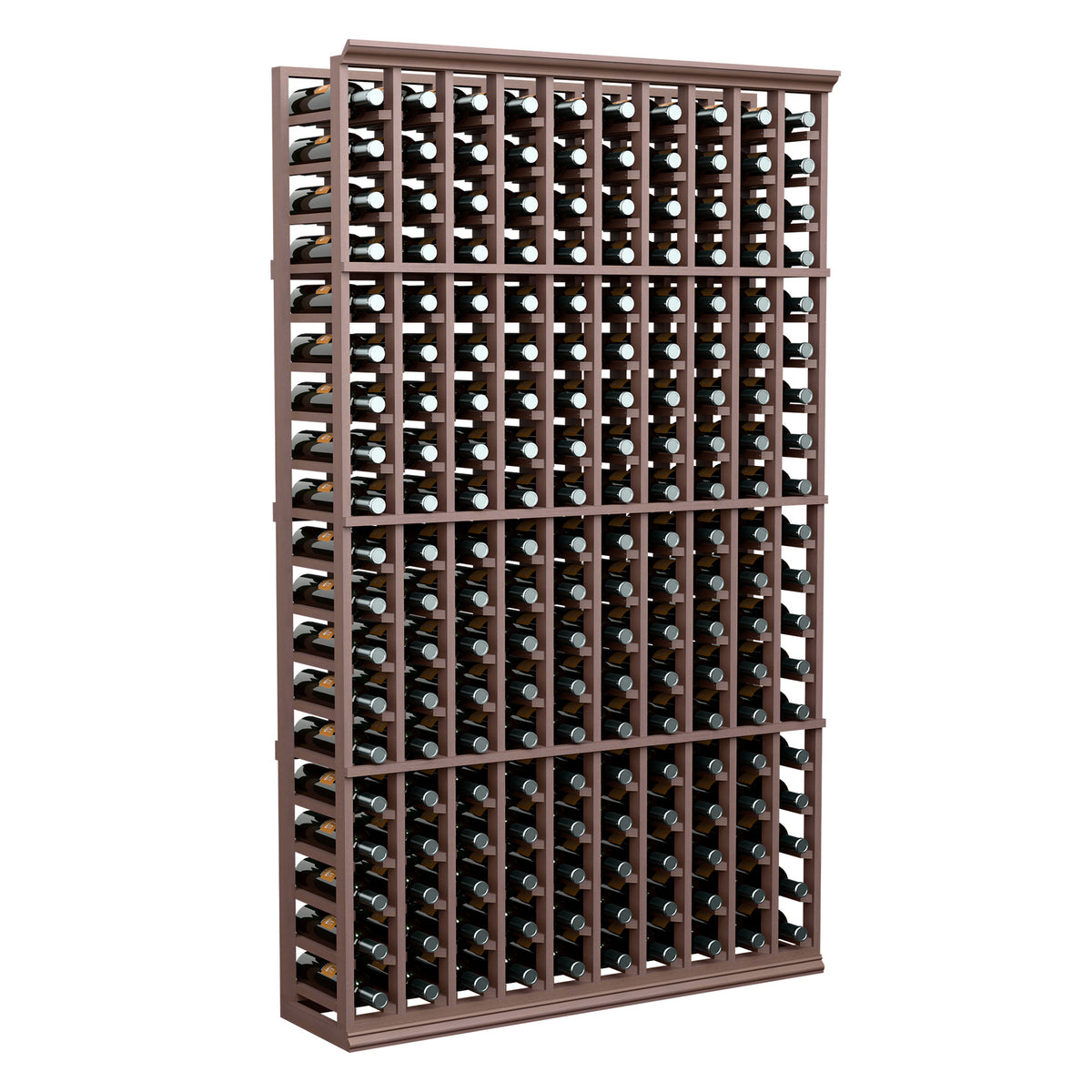 Dark wood wine bottle rack with bottles arranged in 10-column grid