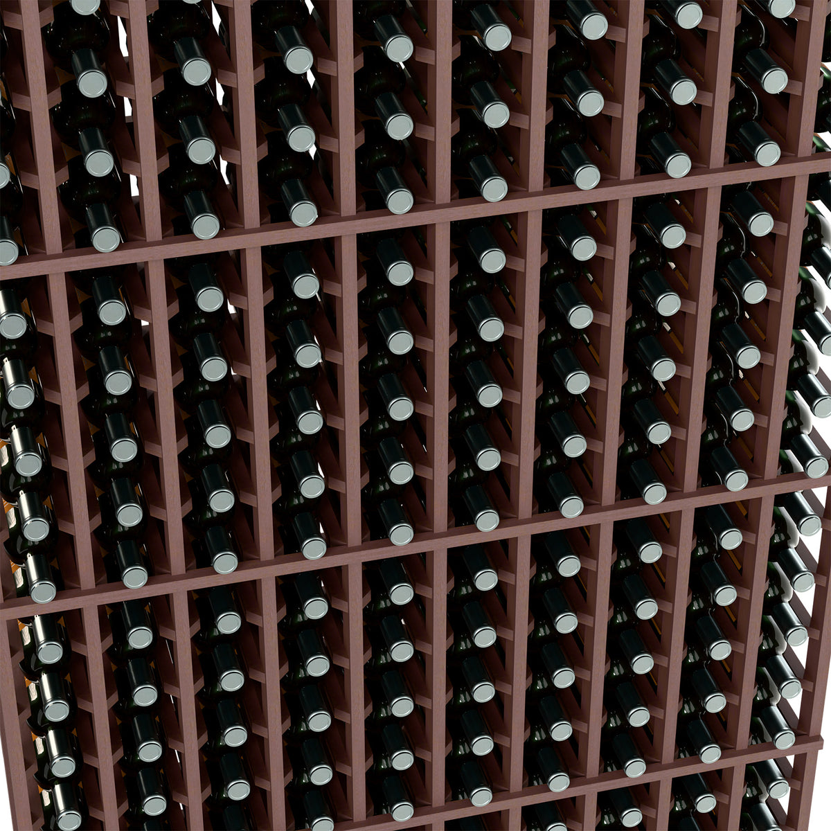 Dark wood wine bottle rack with bottles in vertical compartments, 10 columns