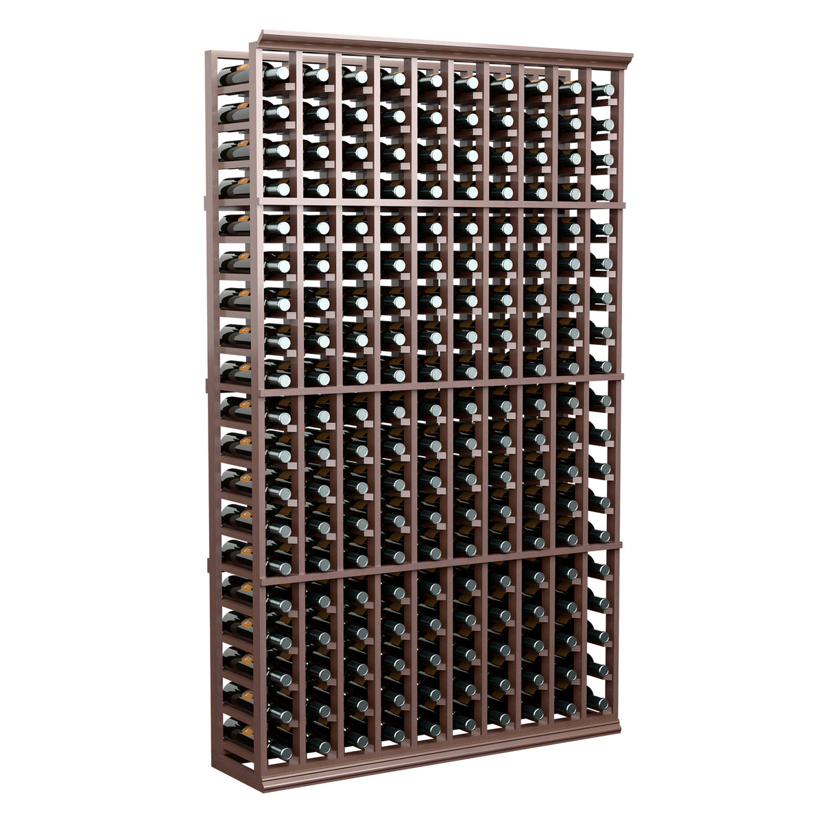 10-column wine bottle rack in dark-stained wood with multiple bottle rows