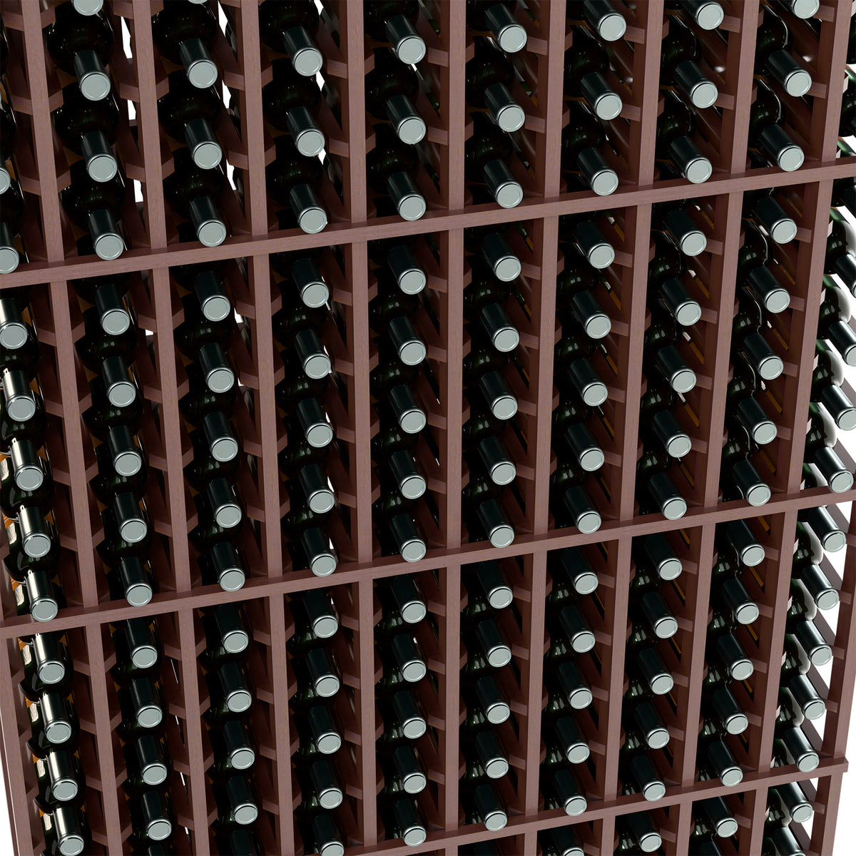 Close-up of dark-stained wine rack with holders holding green wine bottles