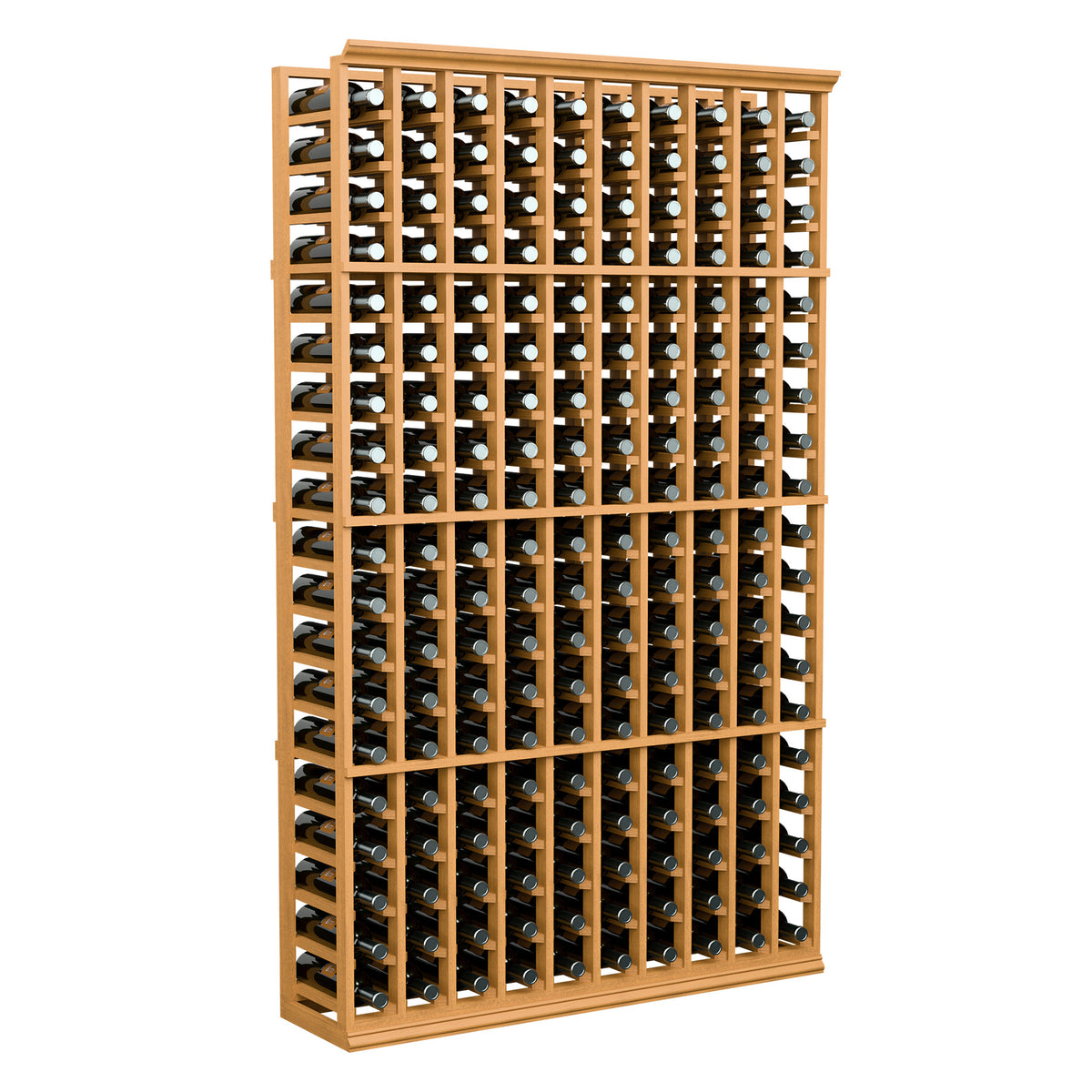 10-column wine bottle rack in light wood with rows of wine bottles