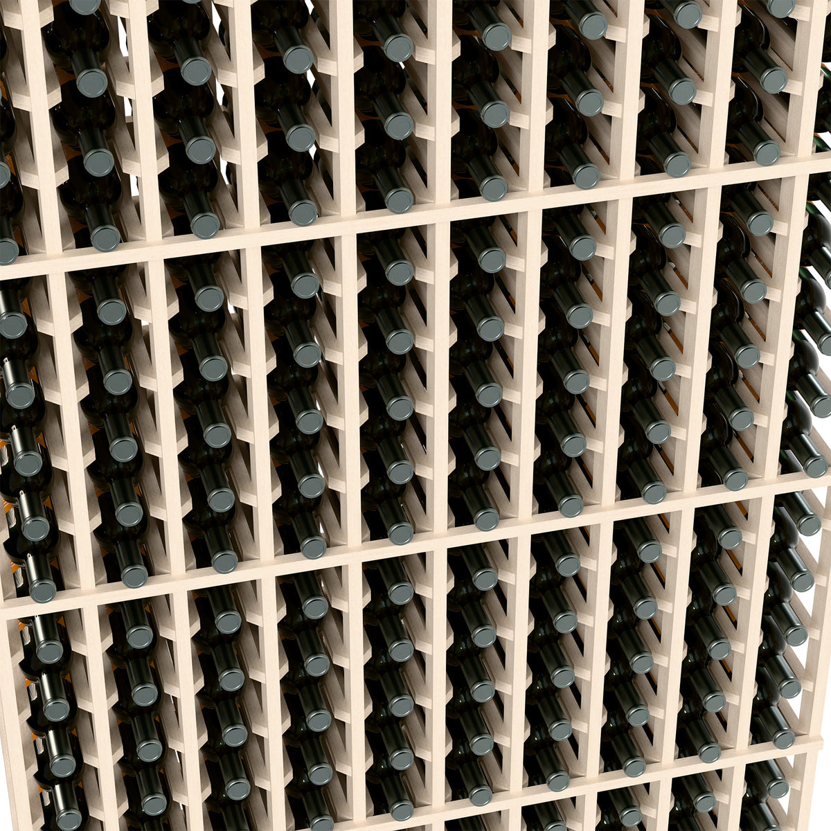 Close-up of white wine rack with slots holding green wine bottles