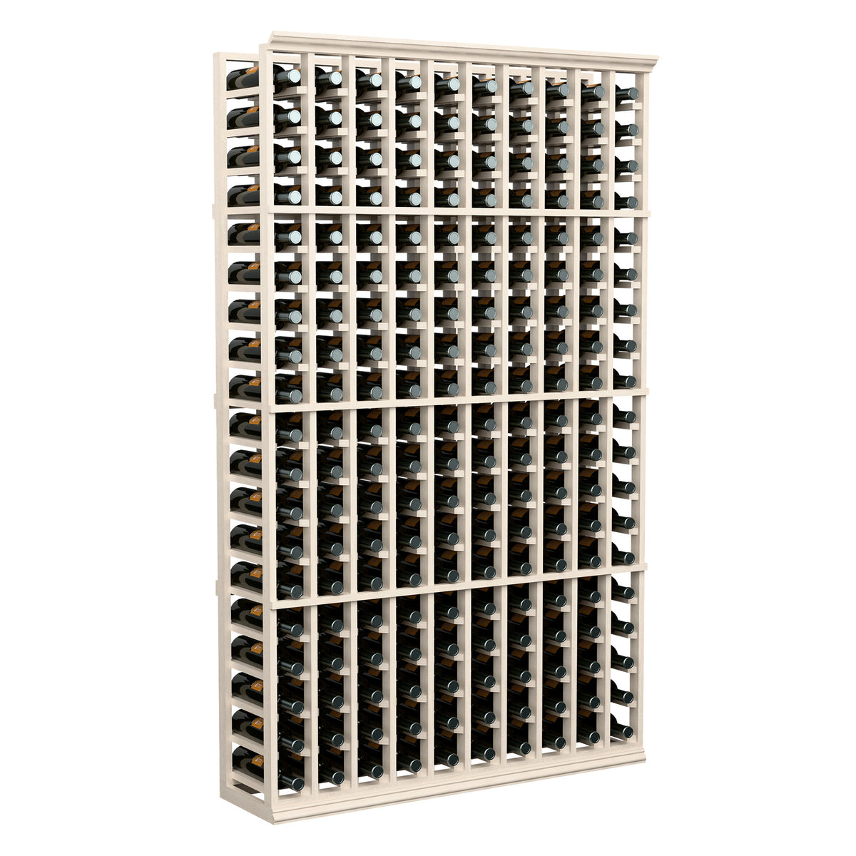10-column wine bottle rack in light wood with rows of wine bottles