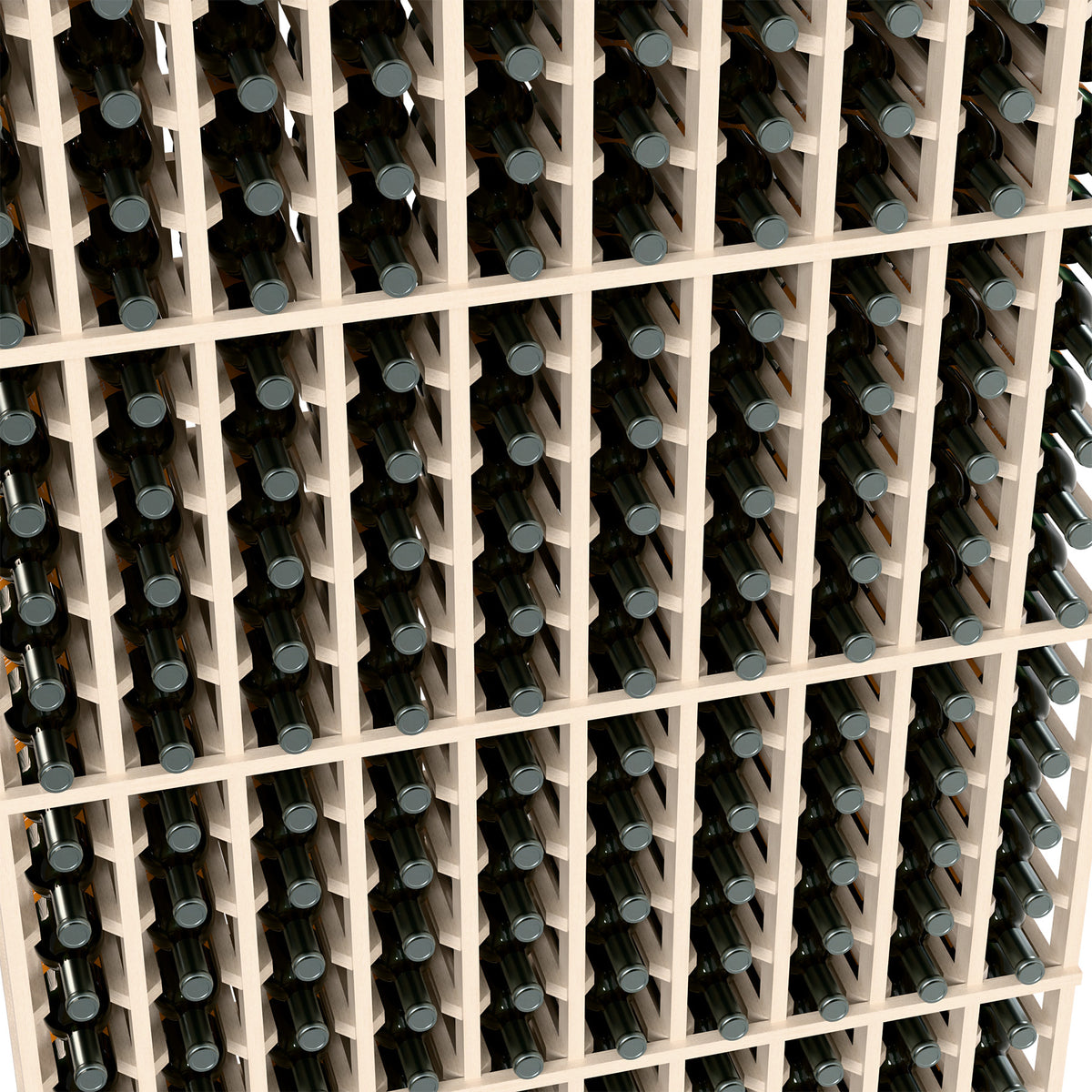 Close-up of light wine rack with bottle holders filled with green wine bottles