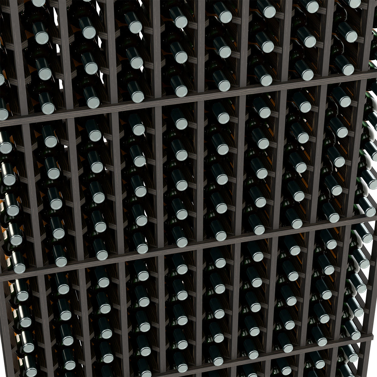 Black 10-column wine rack close-up, bottle necks in square grid cells.