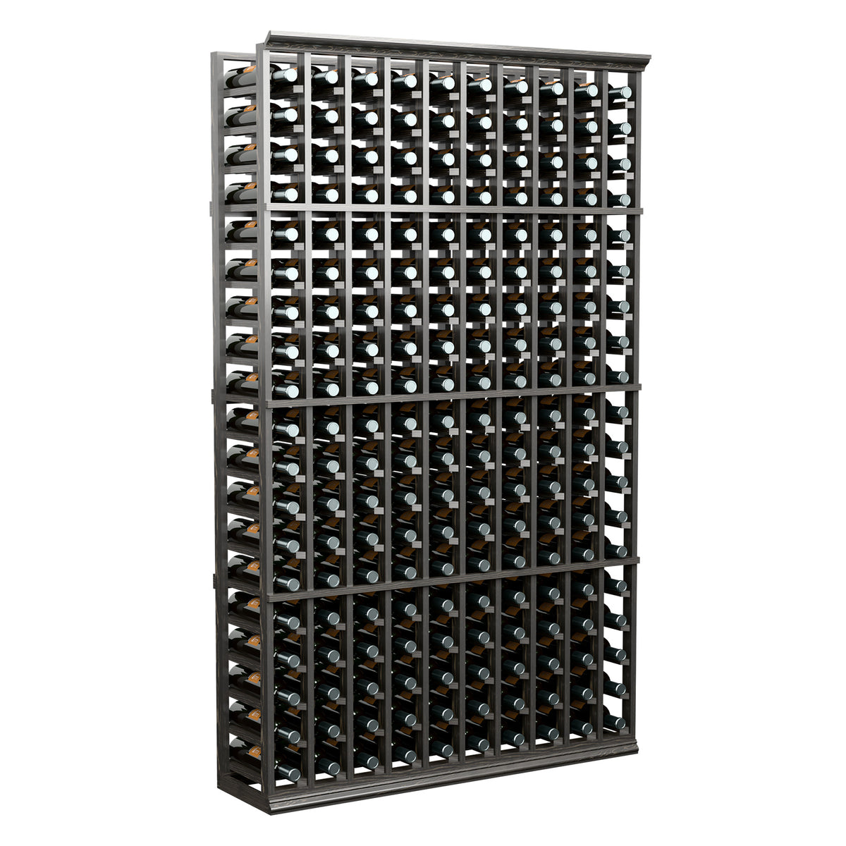 Black 6 ft wine bottle storage rack, front view with grid of bottle slots.