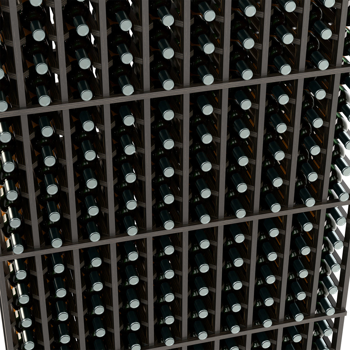 Black wine rack interior view, bottle rows across horizontal and vertical rails.