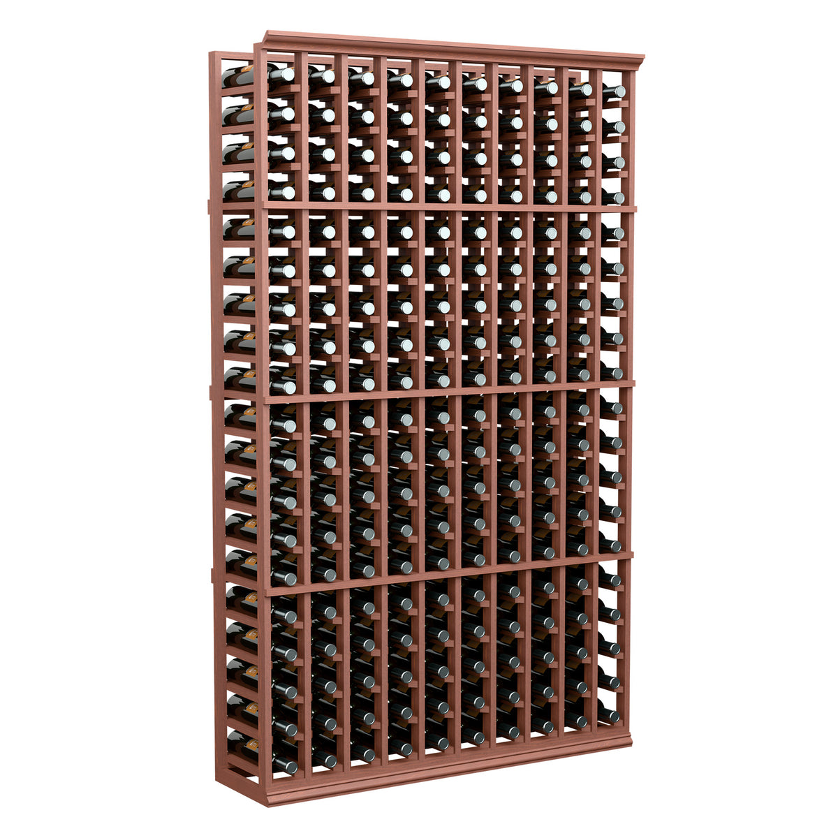10-column 6 ft wine rack with red-brown frame, front view of bottle slots.