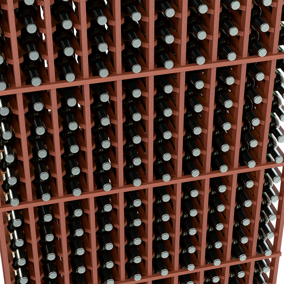 Red-brown 10-column wine rack interior close-up with bottle necks in grid.