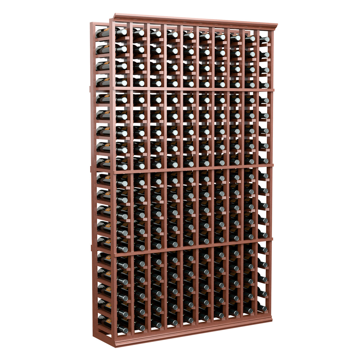 Red-brown 6 ft wine bottle storage rack, front grid of bottle openings.