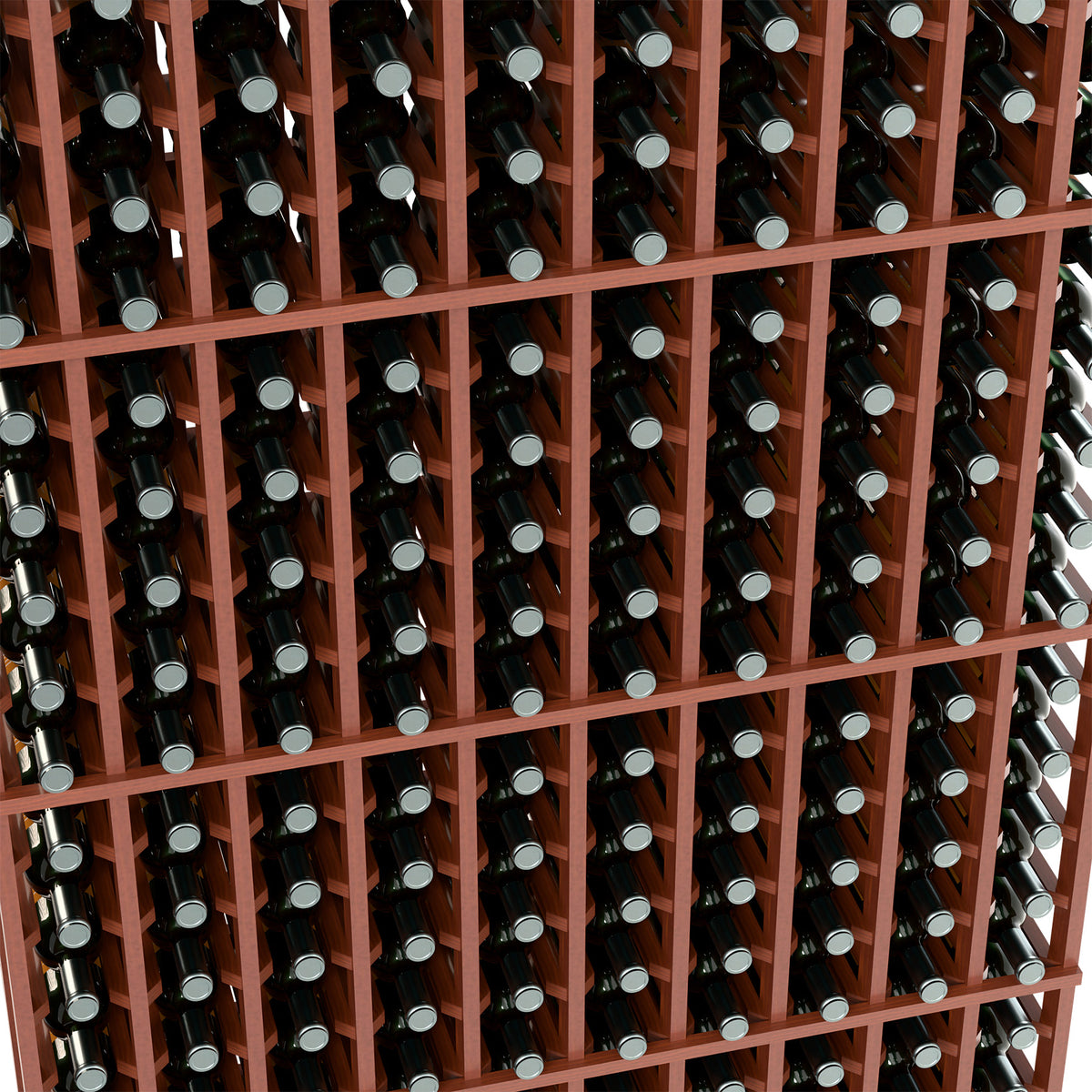 Red-brown wine rack interior close-up, many wine bottles in square cells.