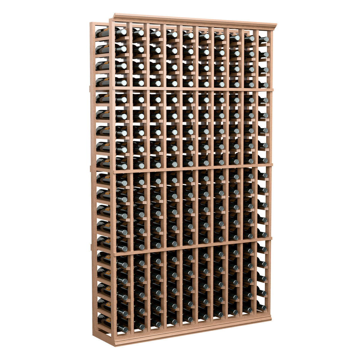 Natural wood wine bottle storage rack with 10 columns, 6 ft tall, front view