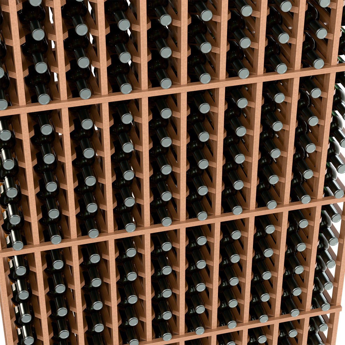 Natural wood wine rack close-up showing rows of wine bottles in grid slots