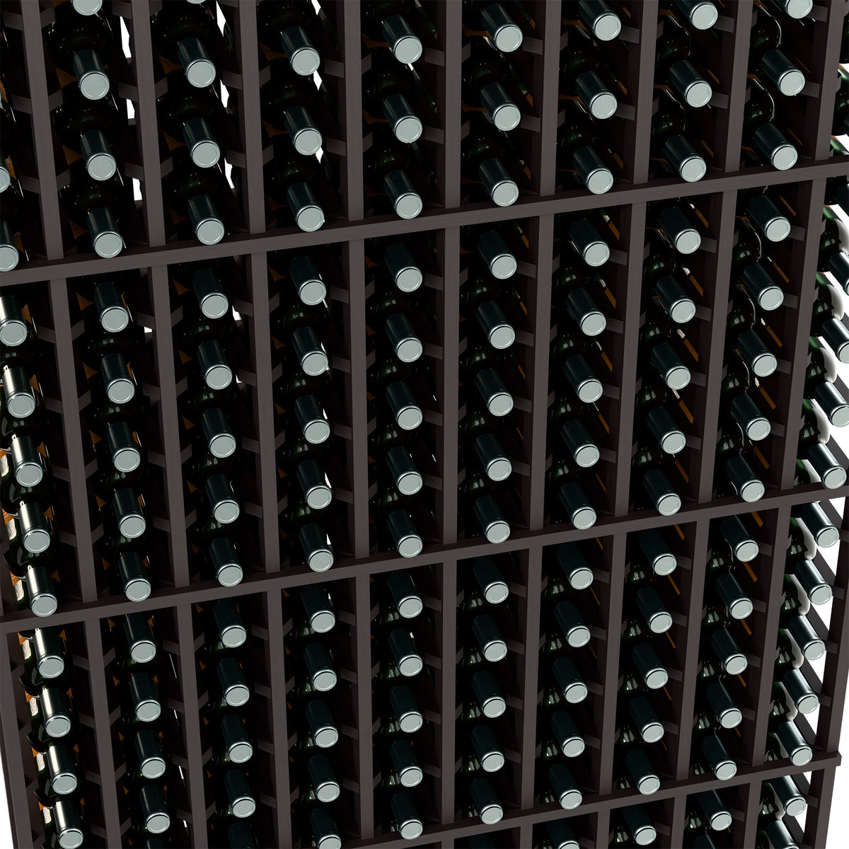 Black wine rack close-up showing rows of wine bottles in square grid slots
