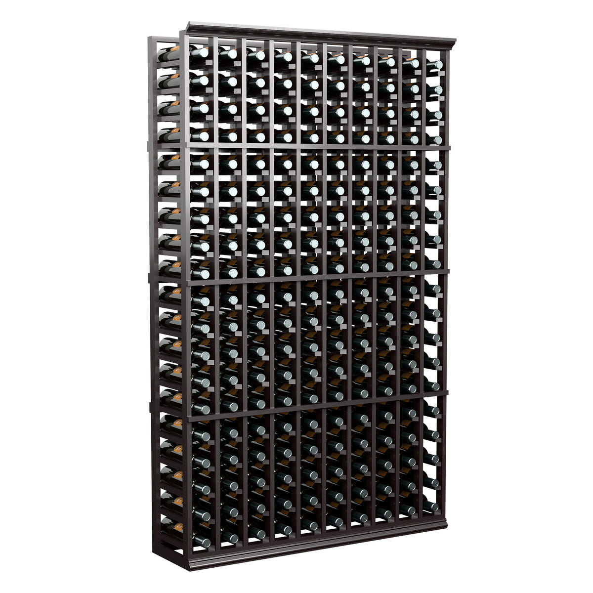 Black wine bottle storage rack with open slots and full front bottle layout
