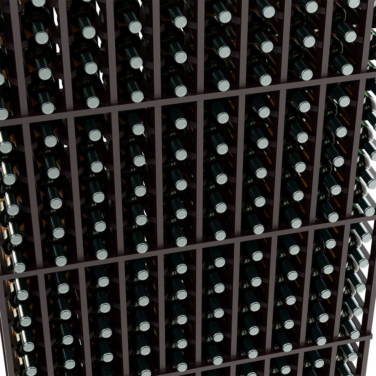 Black wine rack close-up with grid compartments holding dark wine bottles