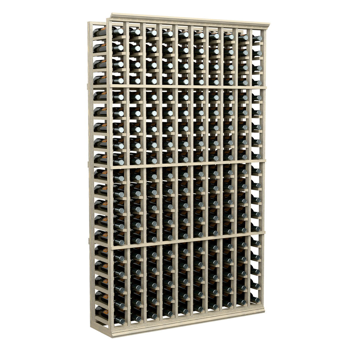 10-column wine bottle rack with light wood frame, front view, holds many bottles