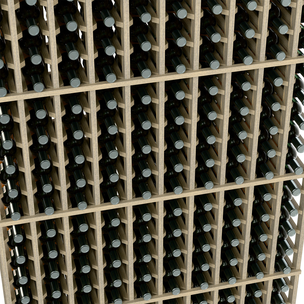 Wine bottle rack close-up with light wood grid and dark bottles in cubbies