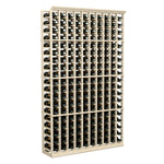 Wine bottle rack with light wood frame, front view showing multiple bottle rows