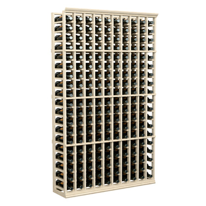 Wine bottle rack with light wood frame, front view showing multiple bottle rows