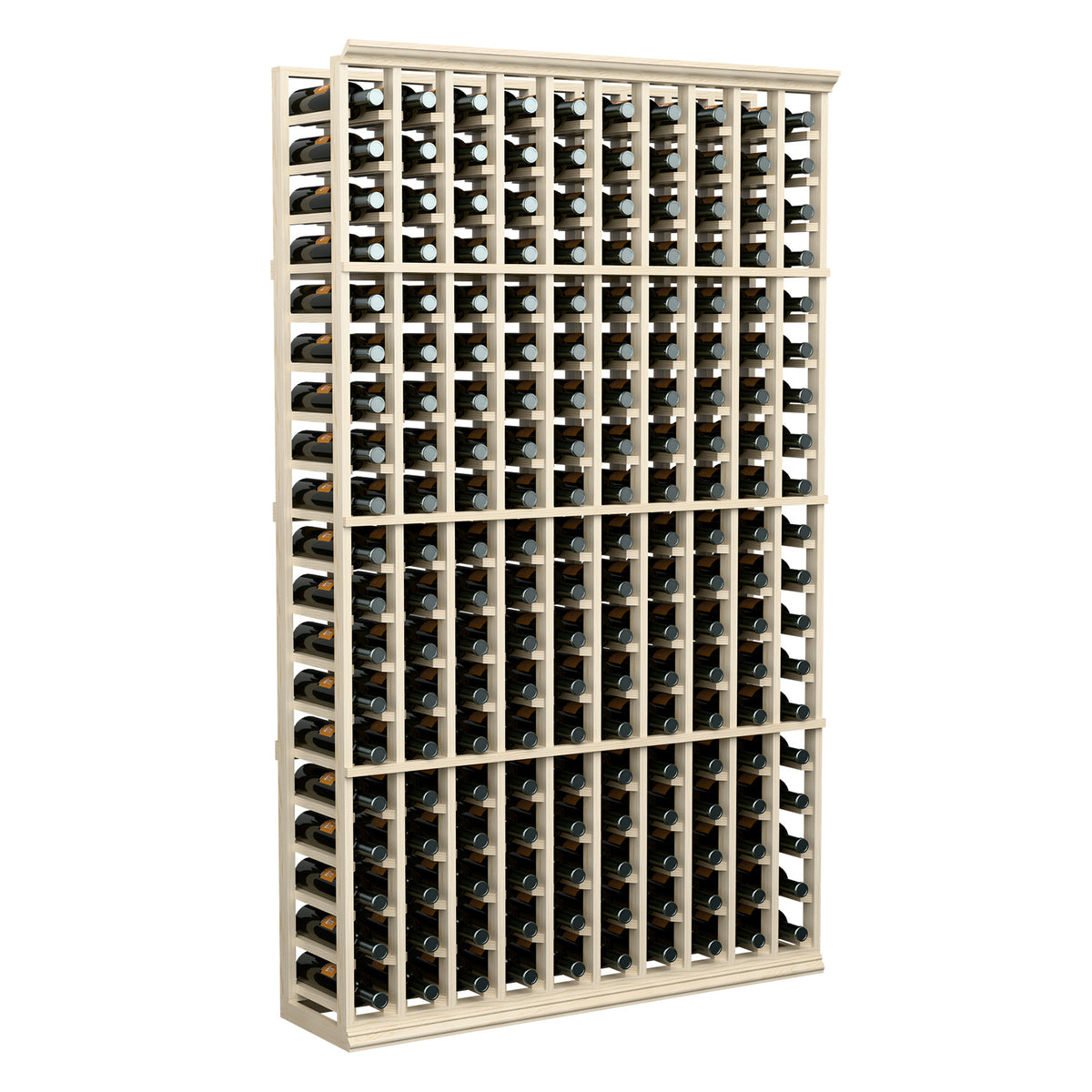 10-column wine bottle rack with light wood frame, full height front view