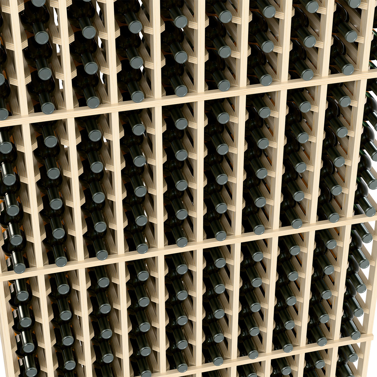 Wine bottle rack close-up with light wood compartments and dark wine bottles