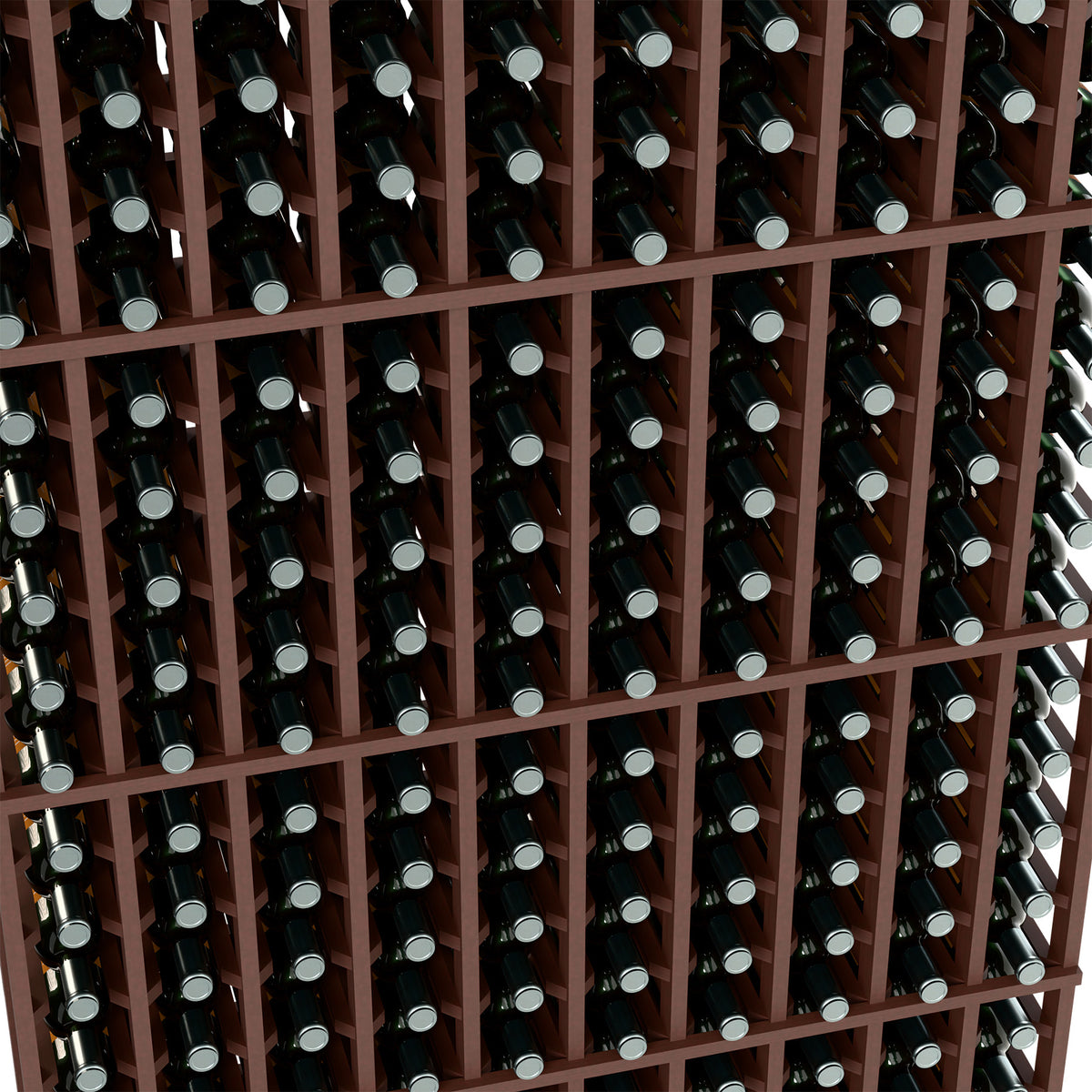 Wine bottle rack close-up with dark wood dividers and dark wine bottles