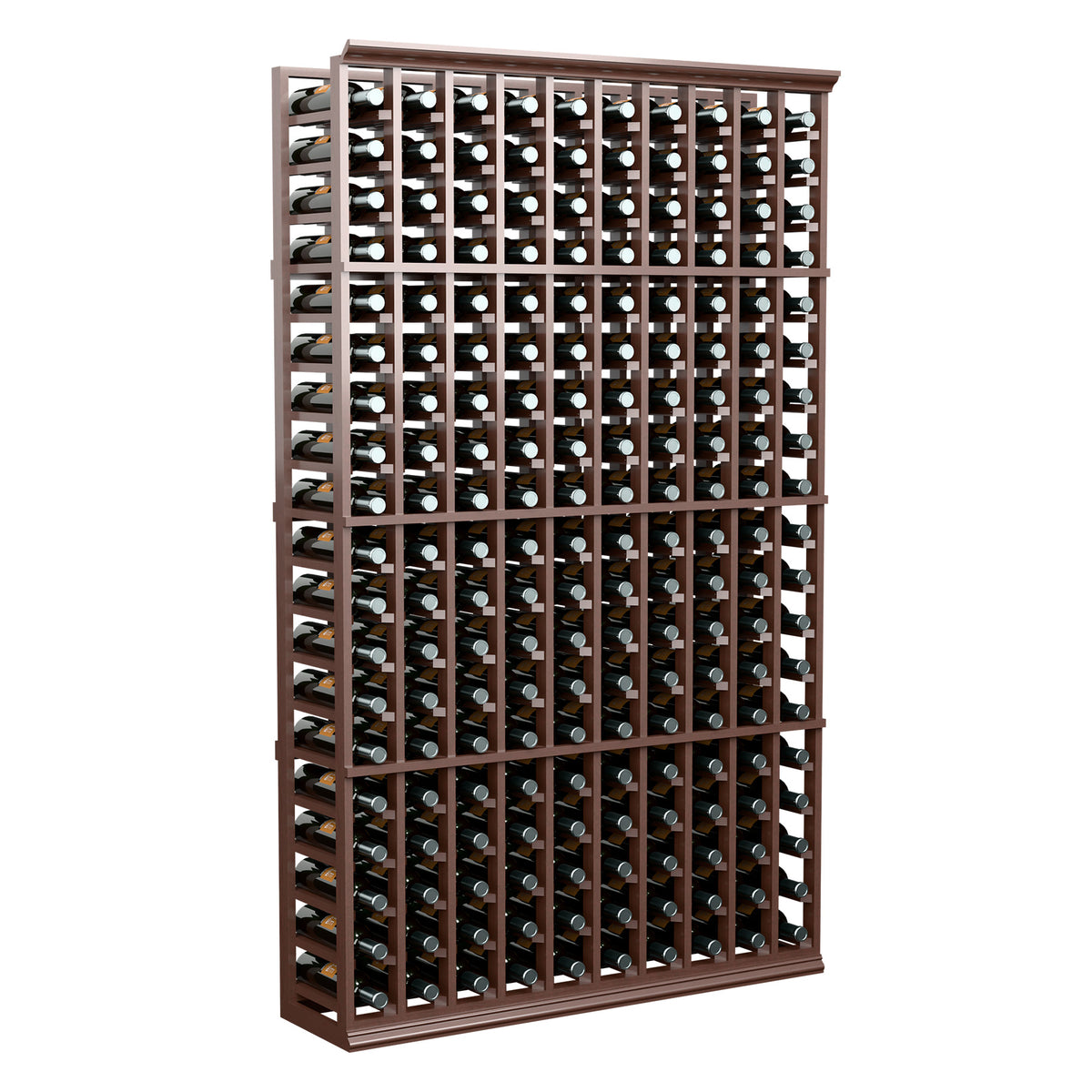 Wood wine bottle rack with 10 columns, holding dark bottles with silver caps