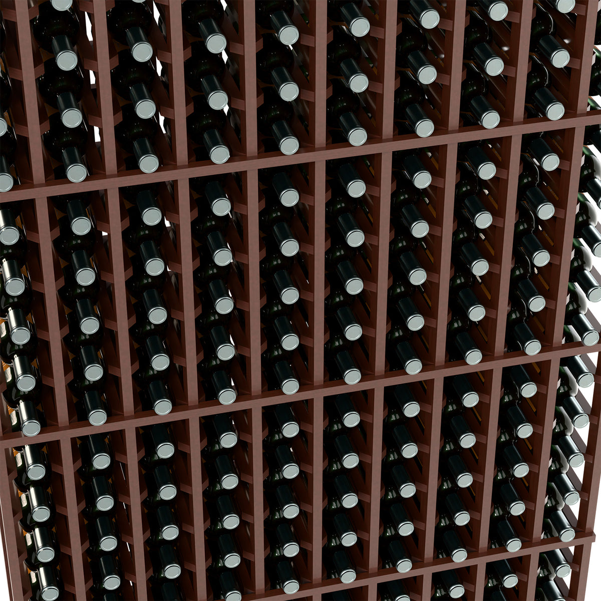 Wood wine bottle rack interior with rows of dark bottles and silver bottle caps