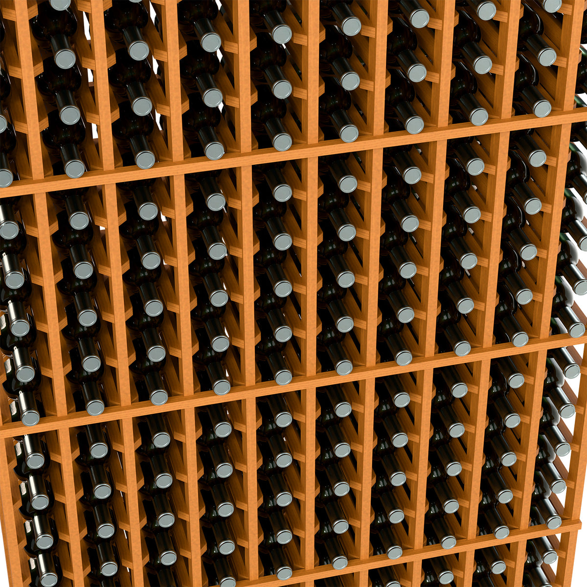 Light wood wine bottle rack interior showing rows of dark bottles and silver caps