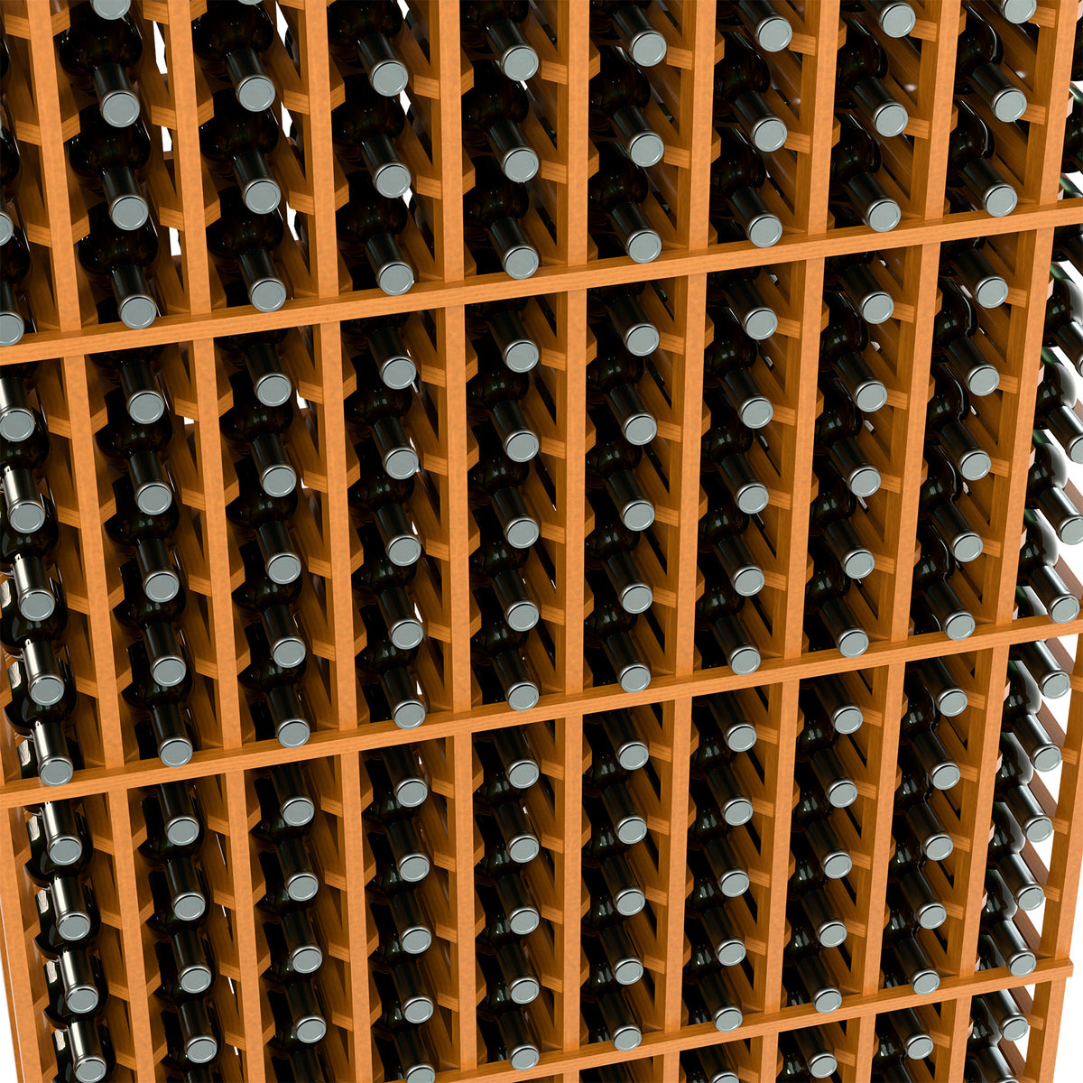 Wood wine bottle rack close-up with multiple rows of dark bottles and silver bottle caps