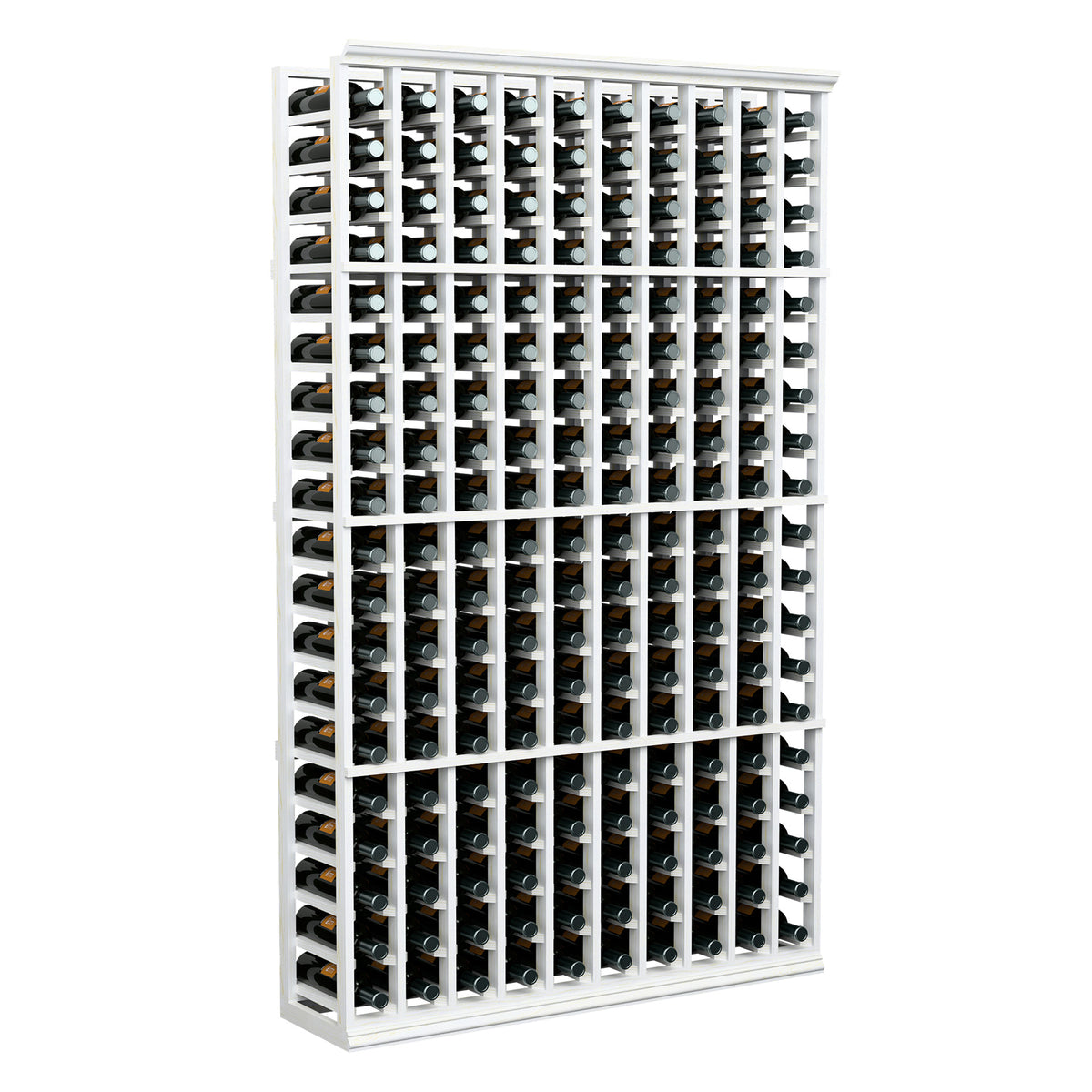 White wine bottle rack with 10 columns, holding dark bottles with silver caps