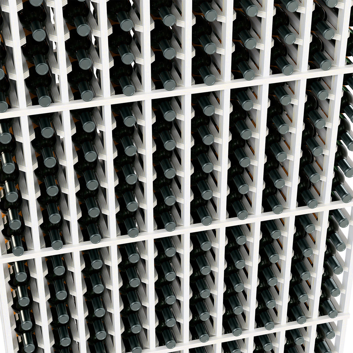 White wine bottle rack interior with rows of dark bottles and silver bottle caps