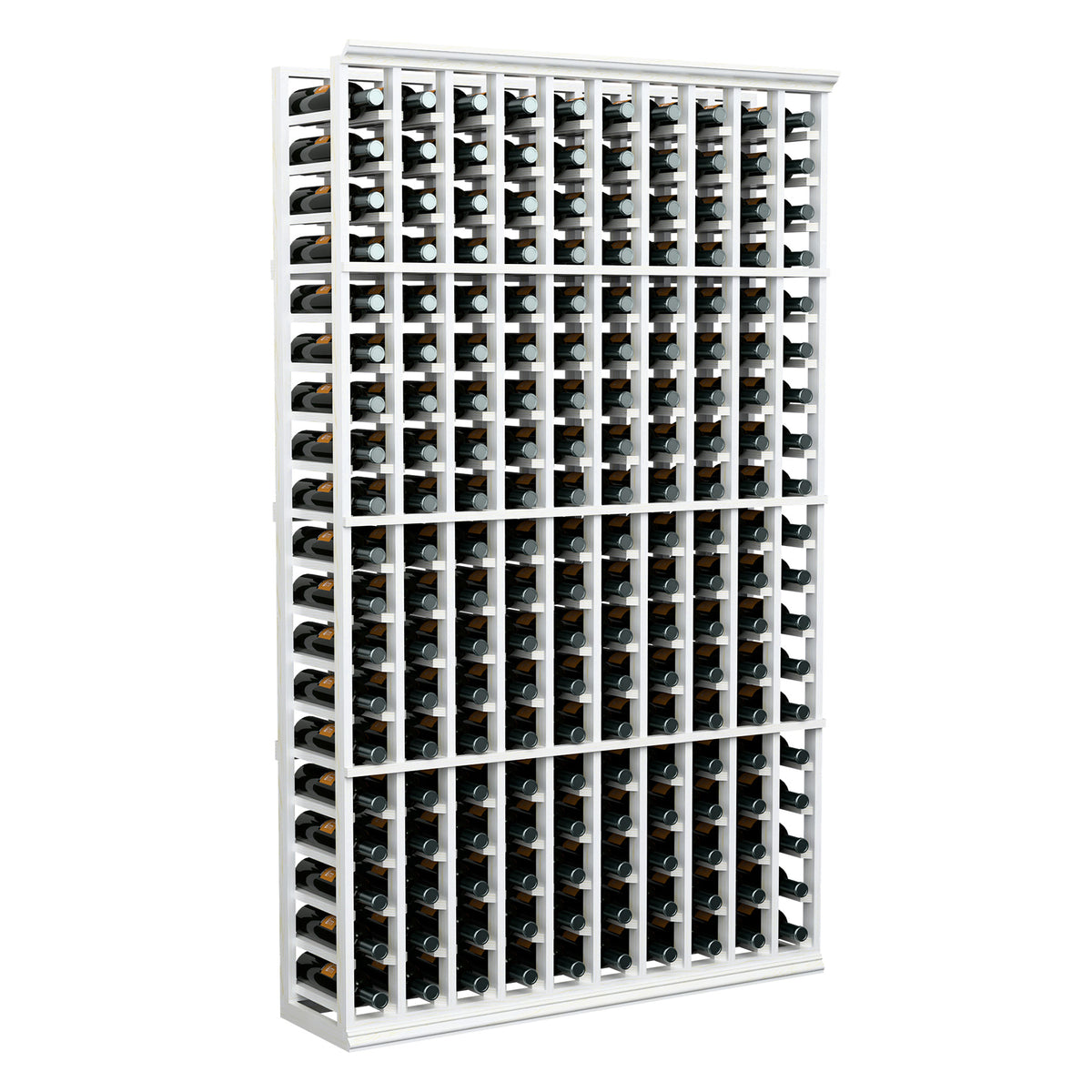White wine bottle rack with 10 columns, storing dark bottles with silver caps