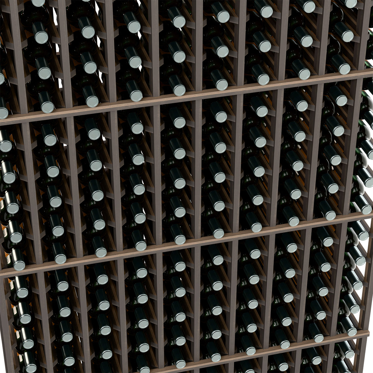 Close-up of black wine bottle rack showing grid rows of bottle slots
